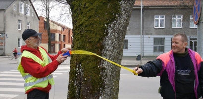 Kol A. Petravičius klijuoja juostas, jas skuba nuplėšti seniūno pasiųstas darbuotojas.